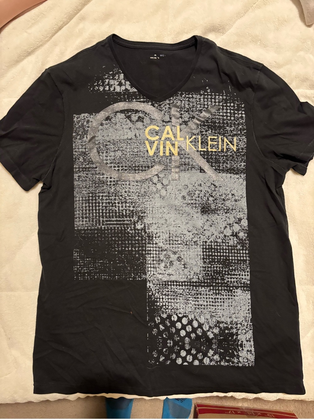 Calvin Klein Black V-Neck Tee with Gray Graphic and Gold Logo